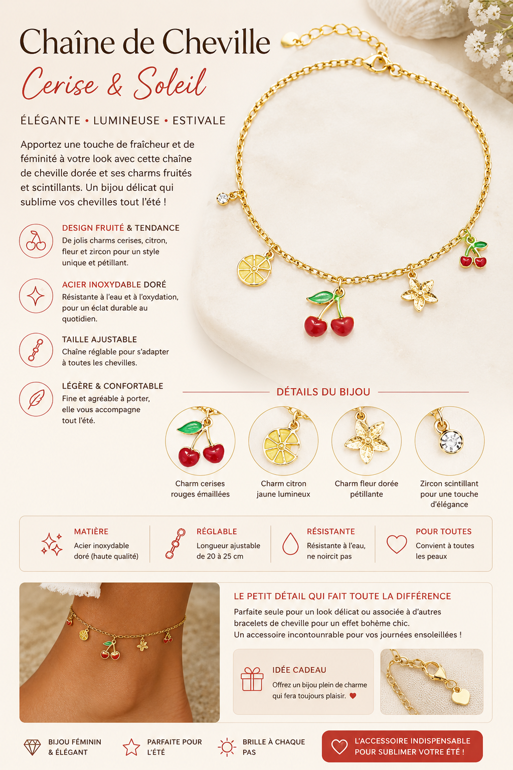 💎 Chaîne de Cheville “Cerise & Soleil” – Bijou Doré Ajustable 🍒