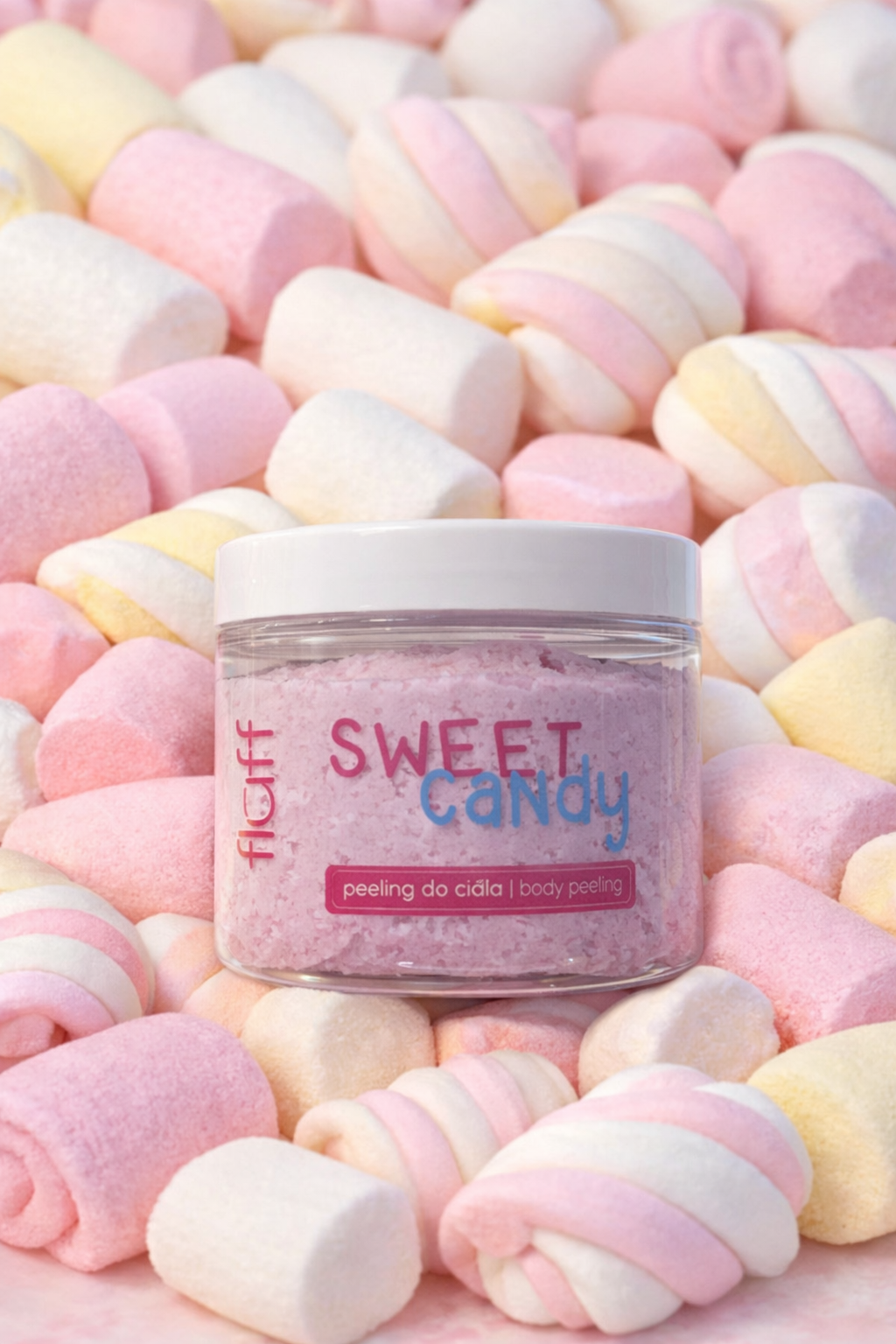 🍬 Fluff Sweet Candy – Peeling corps gourmand (Sans microplastiques – Exfoliation naturelle)