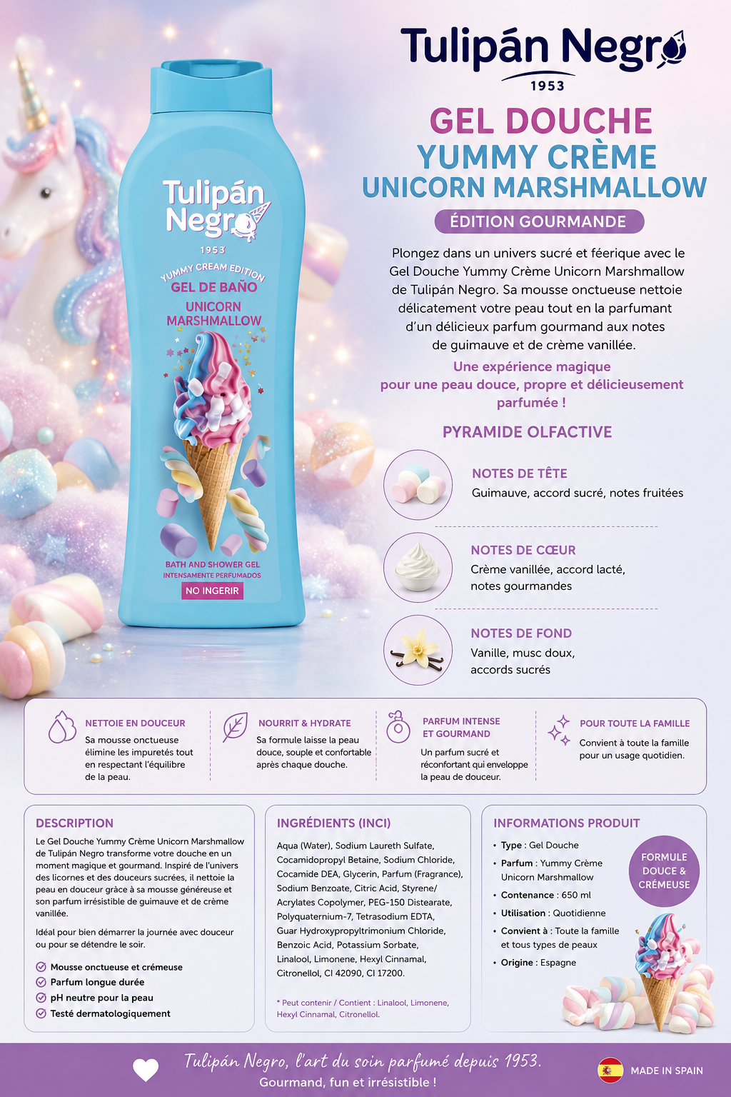🦄 Tulipán Negro Yummy Crème Unicorn Marshmallow – Gel Douche 650 ml