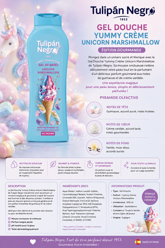 🦄 Tulipán Negro Yummy Crème Unicorn Marshmallow – Gel Douche 650 ml